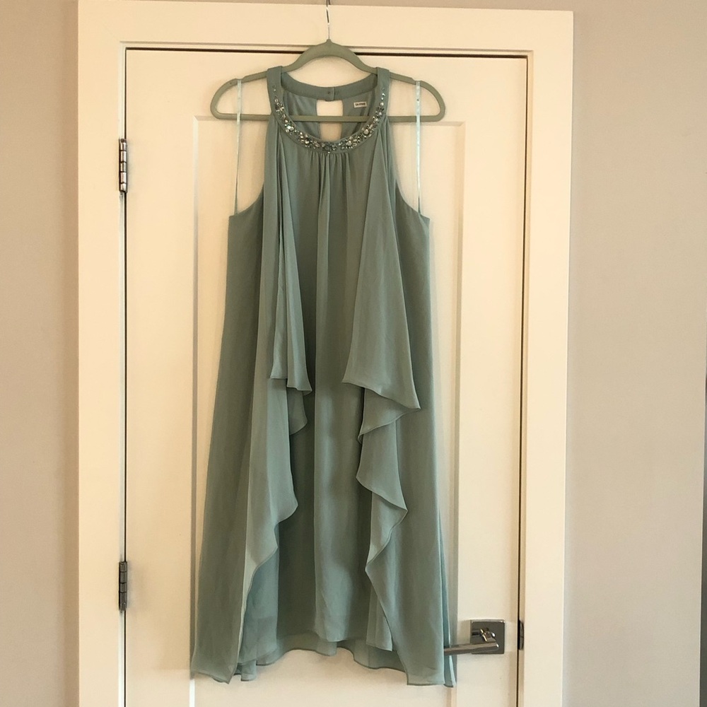 SLNY Sage Green Beaded Halter Mini Dress